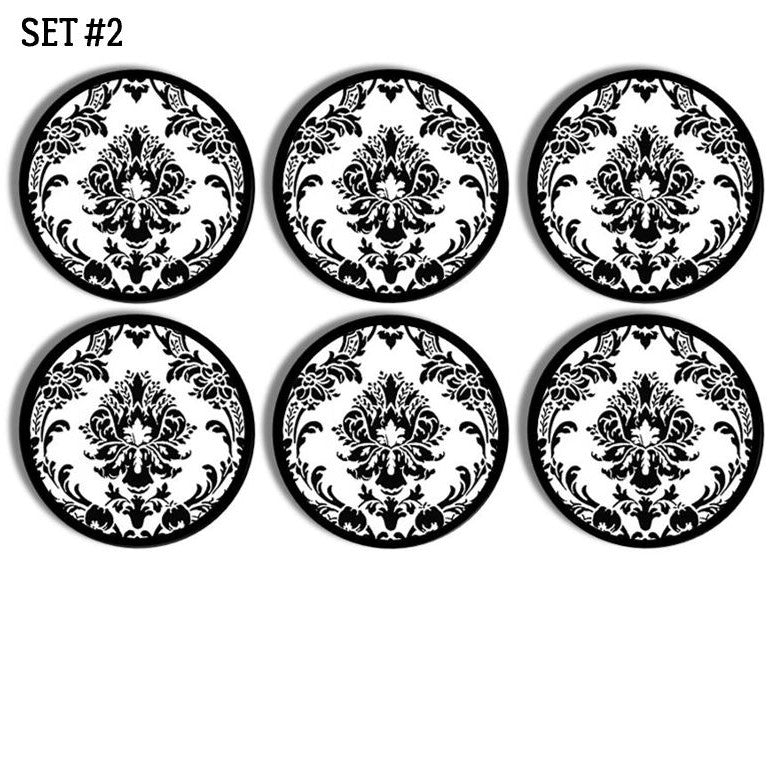 Set of six classic black damask on white background furniture drawer pulls. Sherlock Holmes wallpaper print on black knobs.