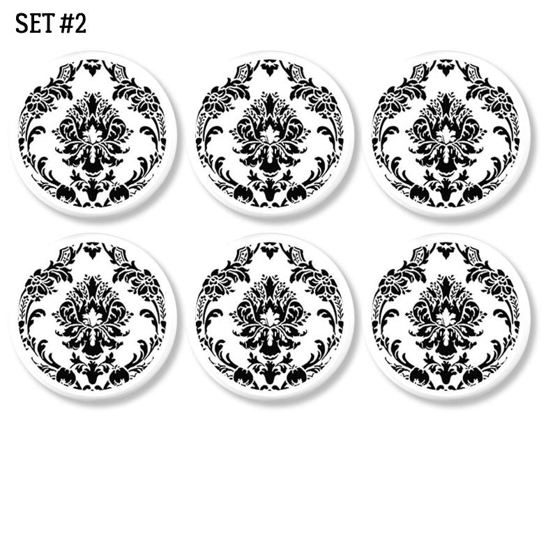 Vintage chic damask bathroom cabinet door knobs. Black and white room decor replacement drawer pulls.