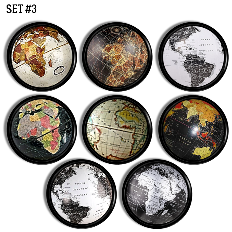 Eight handcrafted globe drawer pulls featuring stylized world map designs — from monochrome oceans to colorful continents — mounted on a bold black knob base for a dramatic, eclectic look. Ideal for statement drawers in travel-themed studies or modern library décor.