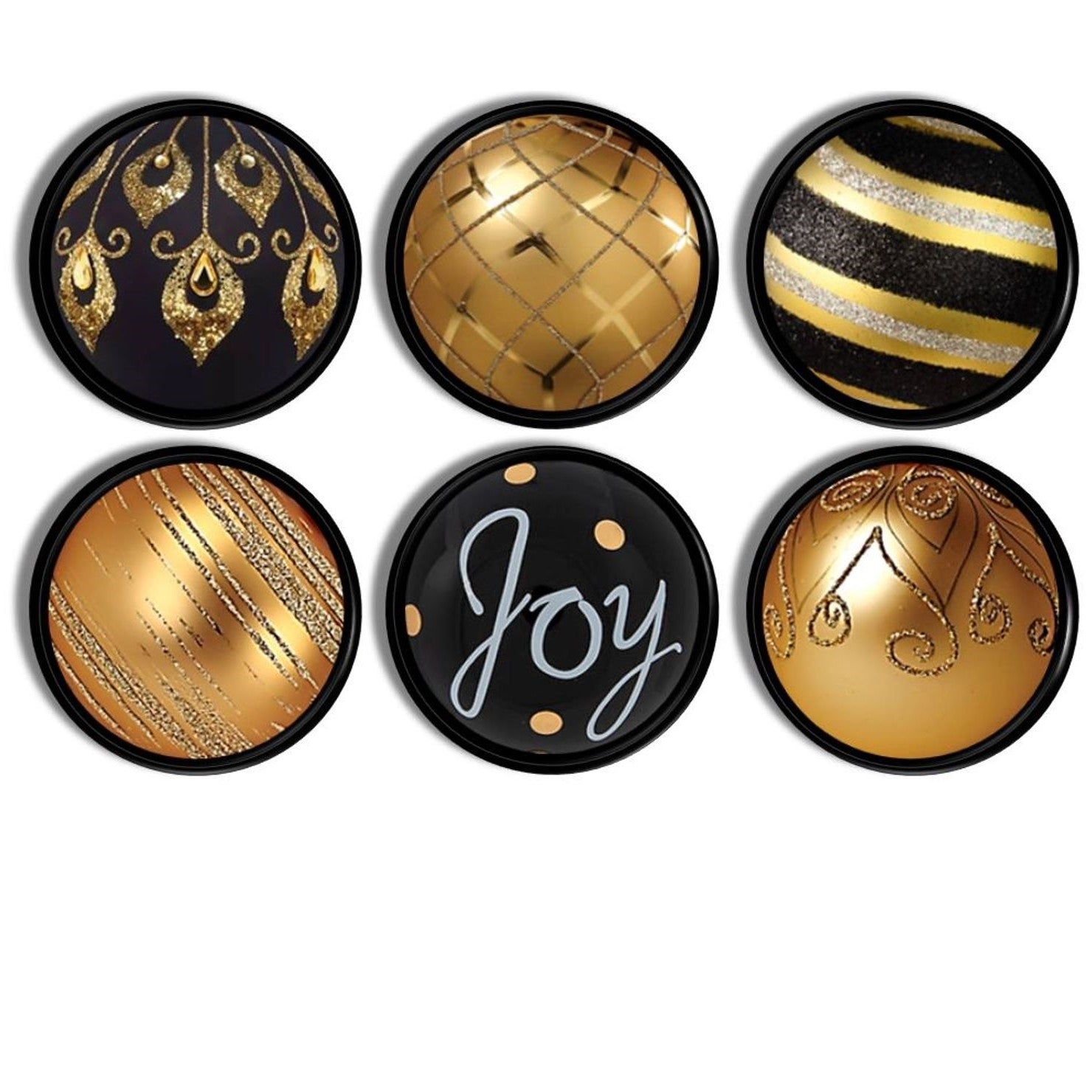 6 Handmade furniture knobs in a unique Christmas holiday theme. Drawer pulls include decorative swirls, stripe, polka dot &quot;joy&quot; designs in black and gold.