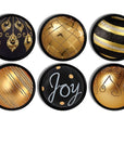 6 Handmade furniture knobs in a unique Christmas holiday theme. Drawer pulls include decorative swirls, stripe, polka dot "joy" designs in black and gold.