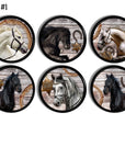 6 Decorative Western style dresser knobs with white, black and gray horses on a rustic weathered barnwood backdrop and accented with tin star, horseshoe and rope.