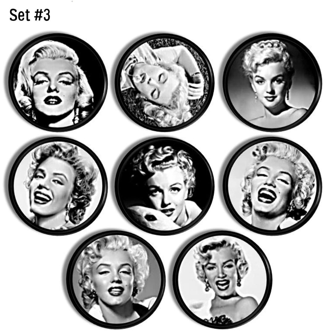1950s era decor cabinet drawer pull set. Classic 50s Marilyn Monroe Cinema photo furniture knobs for decorative hardware.