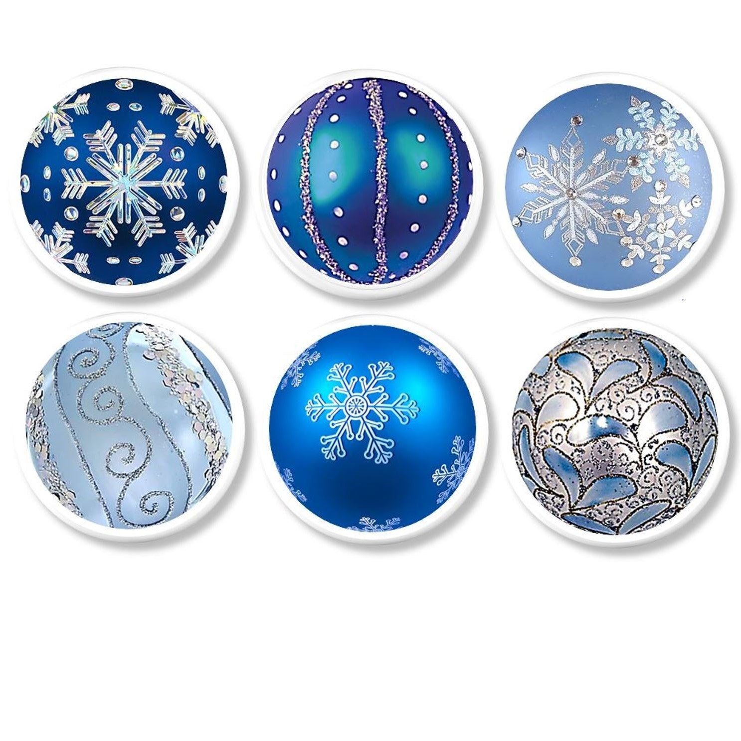 Six blue and white Christmas ornament inspired cabinet knobs with peaceful winter designs in silver and white, featuring snowflakes, swirls, and festive holiday patterns on soft blue backgrounds.