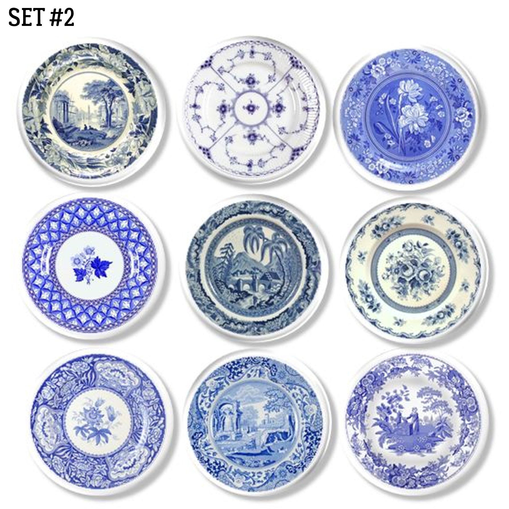 Set of nine blue and white Delft inspired toile cabinet knobs featuring vintage transferware plate motifs with pastoral scenes, architectural landscapes, floral borders, and classic chinoiserie patterns. Ideal for cottagecore or rustic country farmhouse decor.
