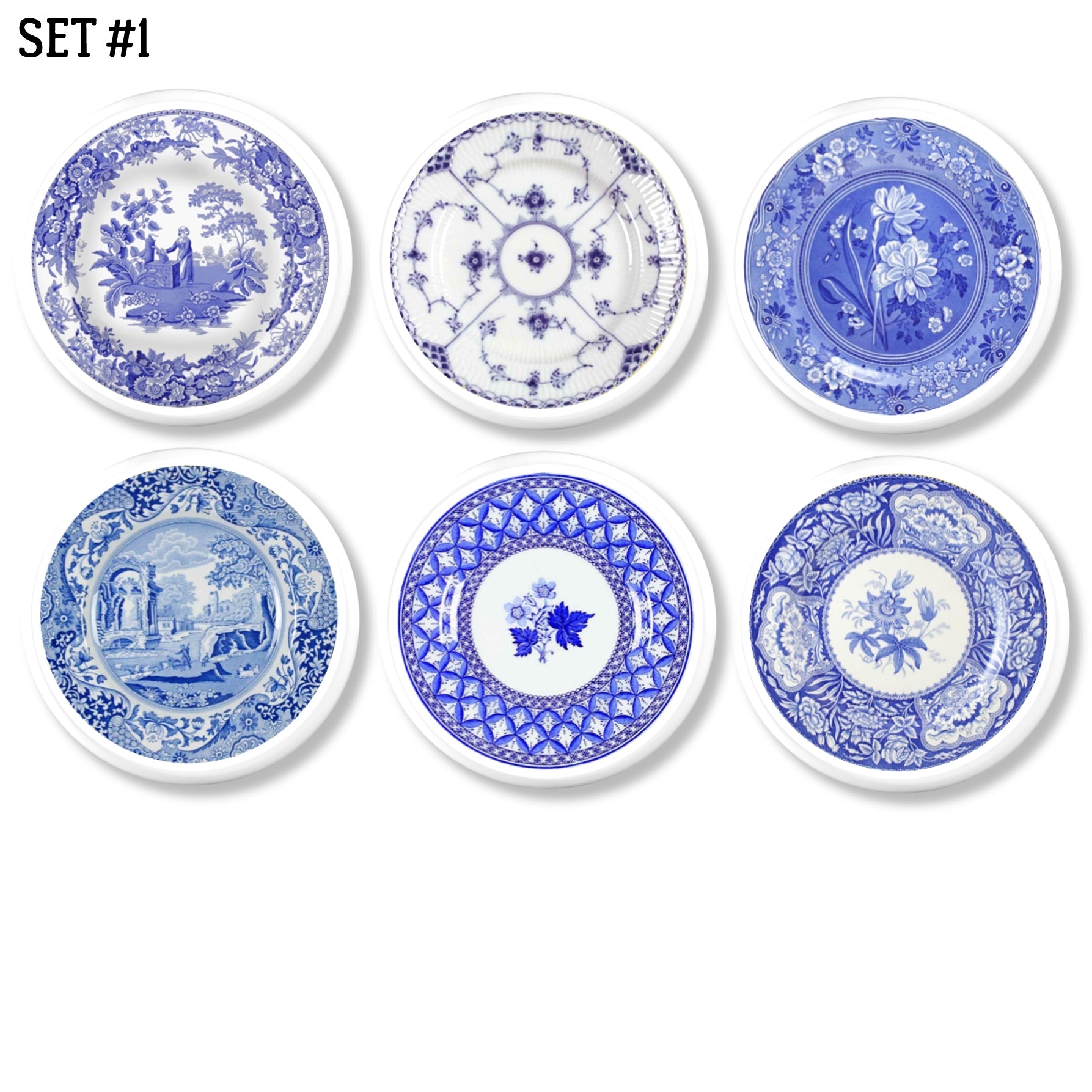Set of six blue and white Delft‑style cabinet knobs and drawer pulls featuring vintage transferware plate designs with pastoral scenes, chinoiserie florals, geometric borders, and classic toile artwork.