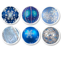 6 Blue, white and silver Christmas ornament themed door and drawer knobs. Use for kitchen and bathroom cabinets or as hooks for decoration or stockings.