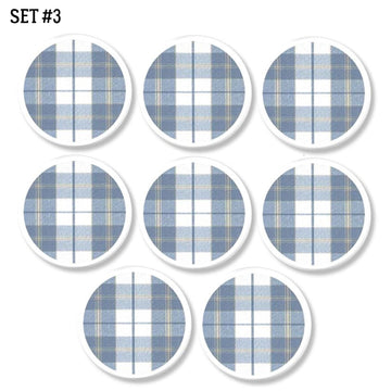 8 cozy flannel look decorative furniture knobs. Hand made farmhouse style drawer pulls in blue and white stripe with hint of yellow.