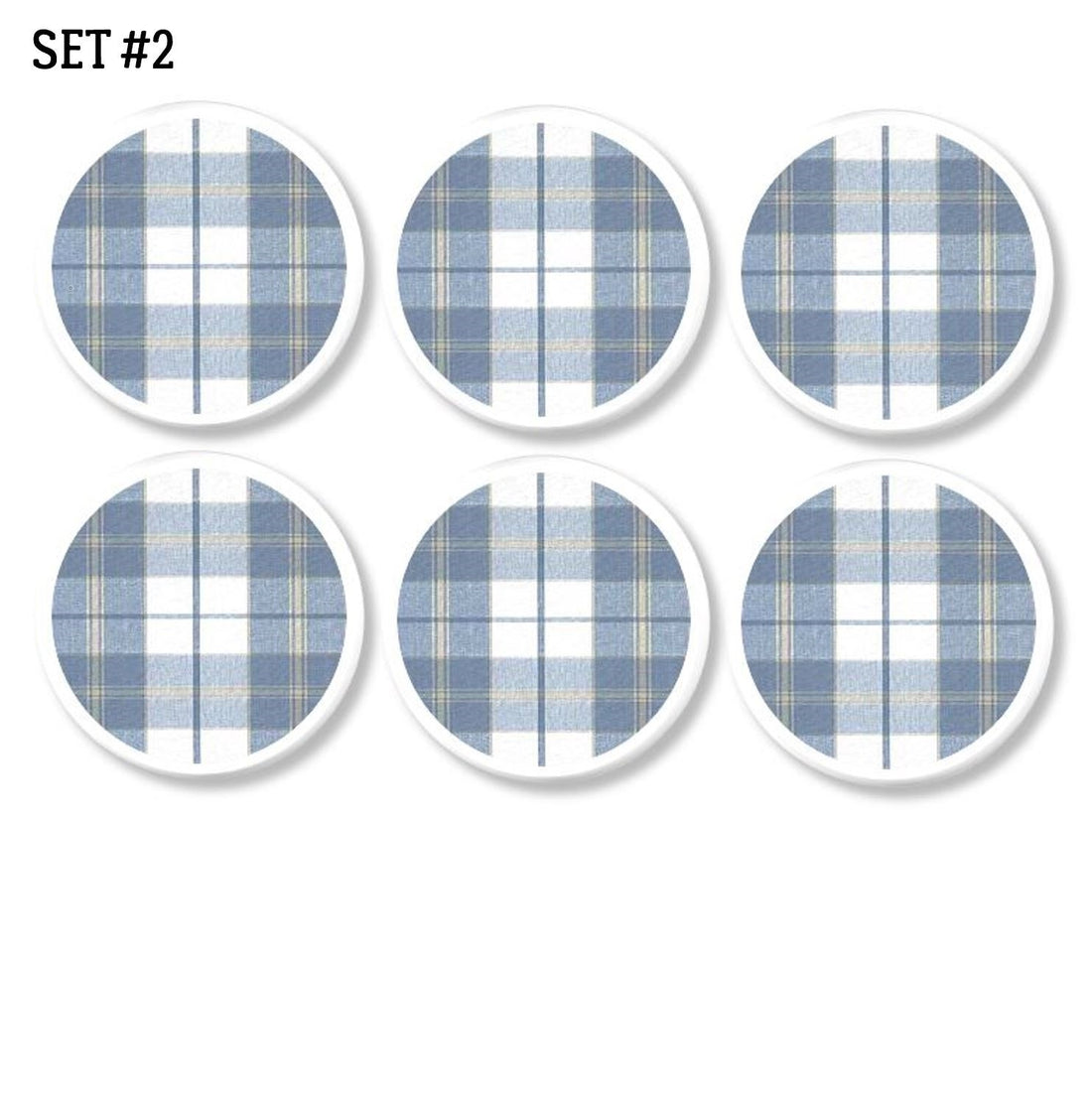 6 blue tartan plaid furniture door handles for baby boy nursery room. Soft stripe with pale yellow accent on white knob.