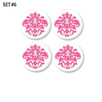 4 Decorative cabinet and dresser drawer knobs in bright hot pink lotus floral damask print on white. Feminine bathroom, she shed or teen girl decor.
