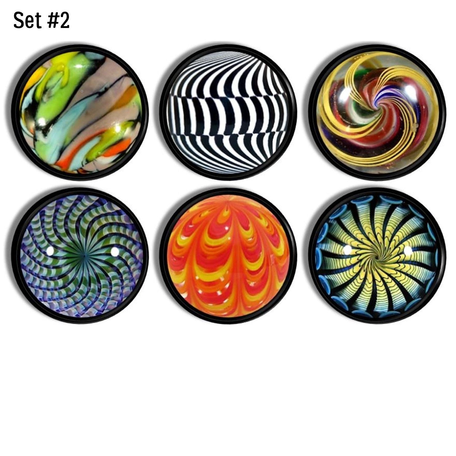 6 Handmade furniture drawer pulls. Vintage glass marble theme cabinet door handle knobs. Blue, orange, green and red graphics on black hardware.