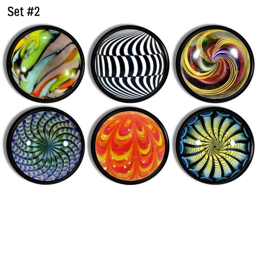 6 Handmade furniture drawer pulls. Vintage glass marble theme cabinet door handle knobs. Blue, orange, green and red graphics on black hardware.