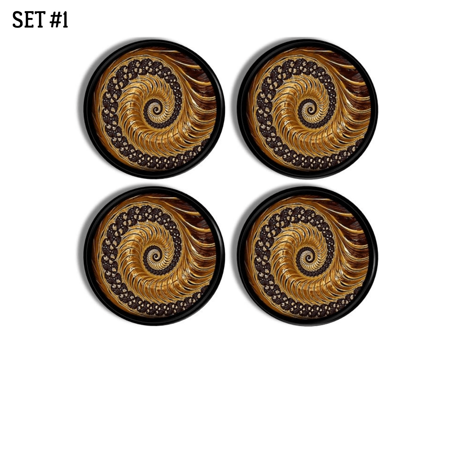 4 decorative furniture door handles. Handmade in a rich brown and gold earth tone optical illusion spiral swirl design. Made on a black drawer pull knob.