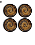 4 decorative furniture door handles. Handmade in a rich brown and gold earth tone optical illusion spiral swirl design. Made on a black drawer pull knob.
