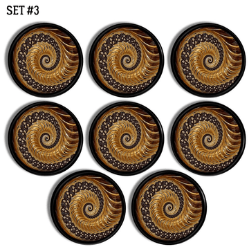 8 Ornate brown spiral swirl mandala dresser drawer pulls with golden accents. Unique art deco style cabinet door handles.