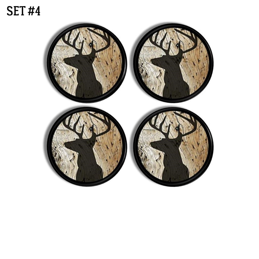4 Piece set of deer stag themed mens dresser drawer pulls. Black and brown cabinet door knobs for hunting cabin mancave bar decor.