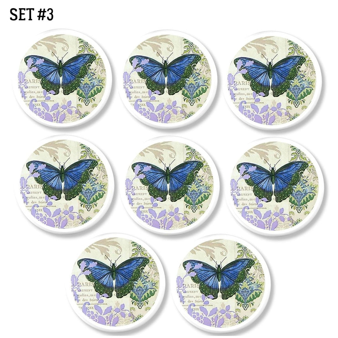 8 Handmade butterfly themed dresser knobs. Teen girl furniture drawer pull in blue, purple green and cream.