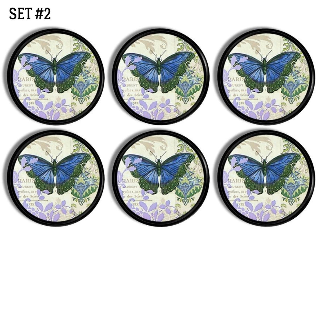 Dresser drawer knobs decorated with blue butterfly, purple botanical and French Script. Suitable for cabinet, cupboard, furniture.