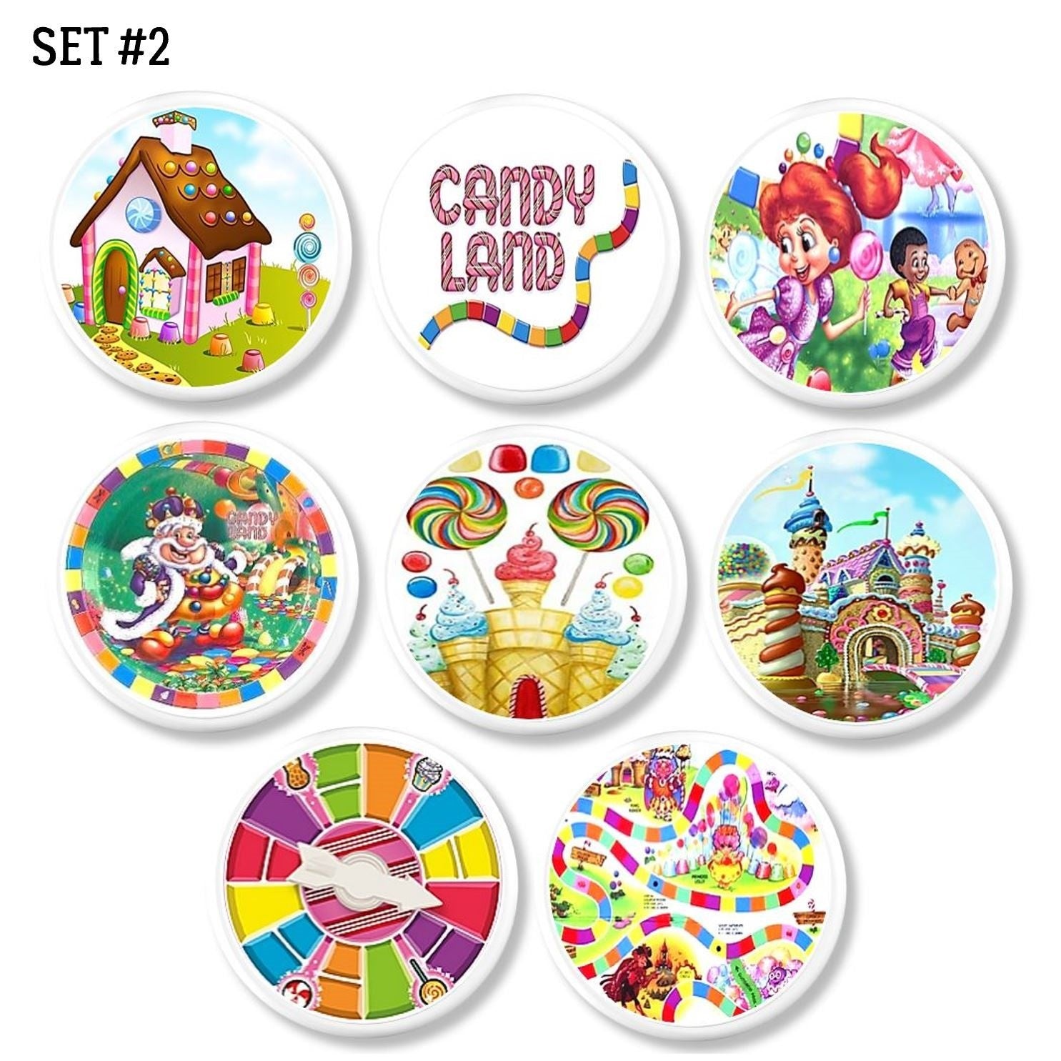 Eight white knobs showcasing playful Candy Land board game designs. Features candy castles, character scenes, spinner graphics, and colorful game board details. Ideal for kids’ furniture, playroom storage, or retro game‑themed décor.