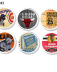 6 White knobs in vintage Chicago sports theme. Teams are Bulls, Cubs, Bears and Blackhawks. For use as cuboard handles or dresser drawer pulls.