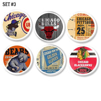 6 White knobs in vintage Chicago sports theme. Teams are Bulls, Cubs, Bears and Blackhawks. For use as cuboard handles or dresser drawer pulls.