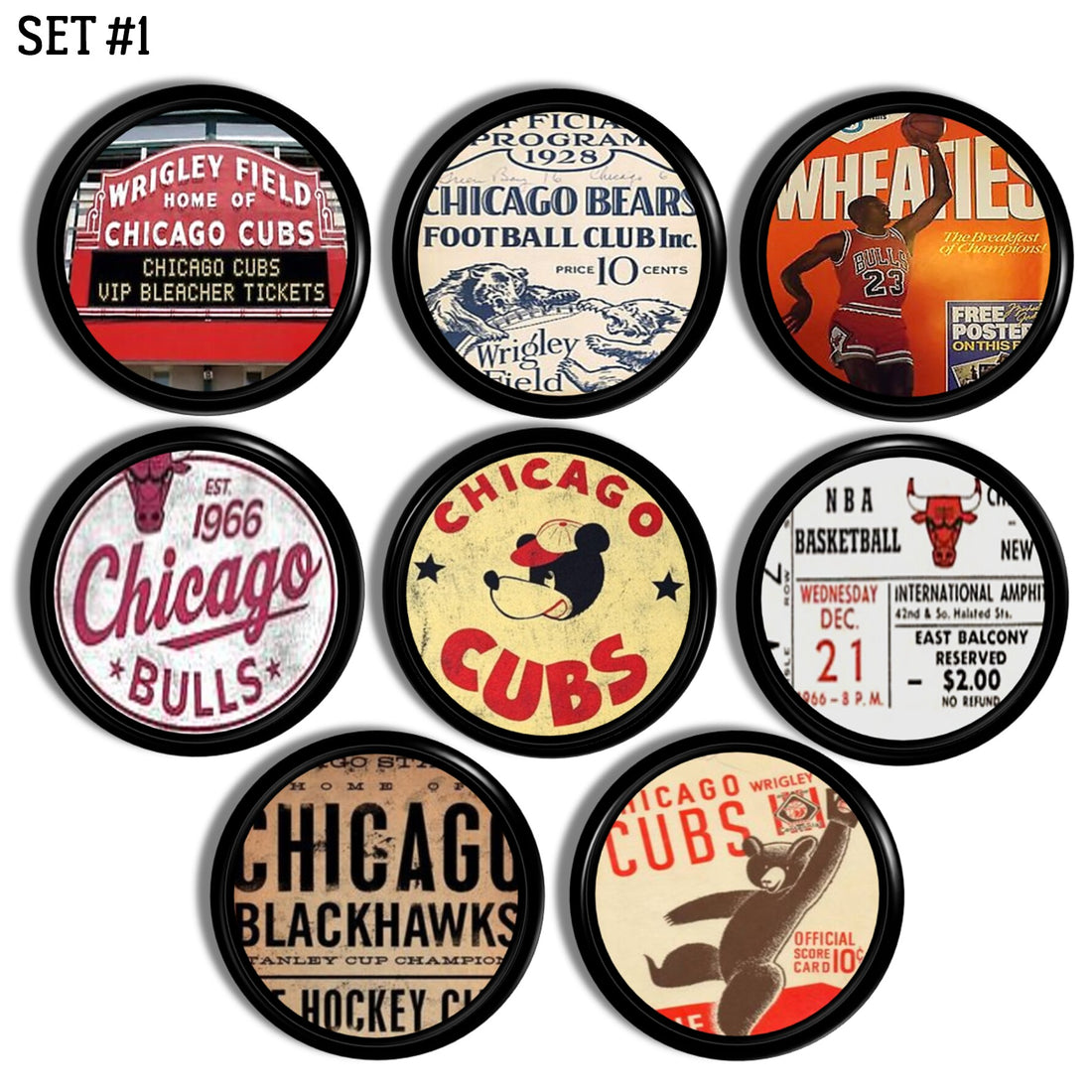 Set of eight black furniture knobs in vintage Chicago sports. Suitable for cabinets cupboards and drawers.