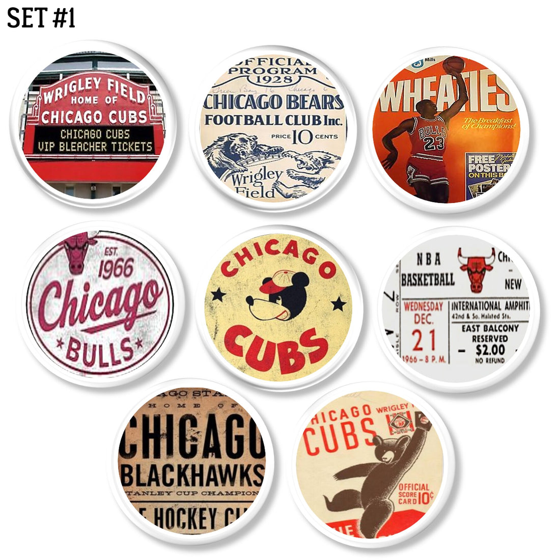 Chicago sports team themed drawer pull set of 8 knobs. Vintage Cubs, Bulls, Bears, Blackhawks ticket and program ephemera.