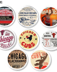 Chicago sports team themed drawer pull set of 8 knobs. Vintage Cubs, Bulls, Bears, Blackhawks ticket and program ephemera.