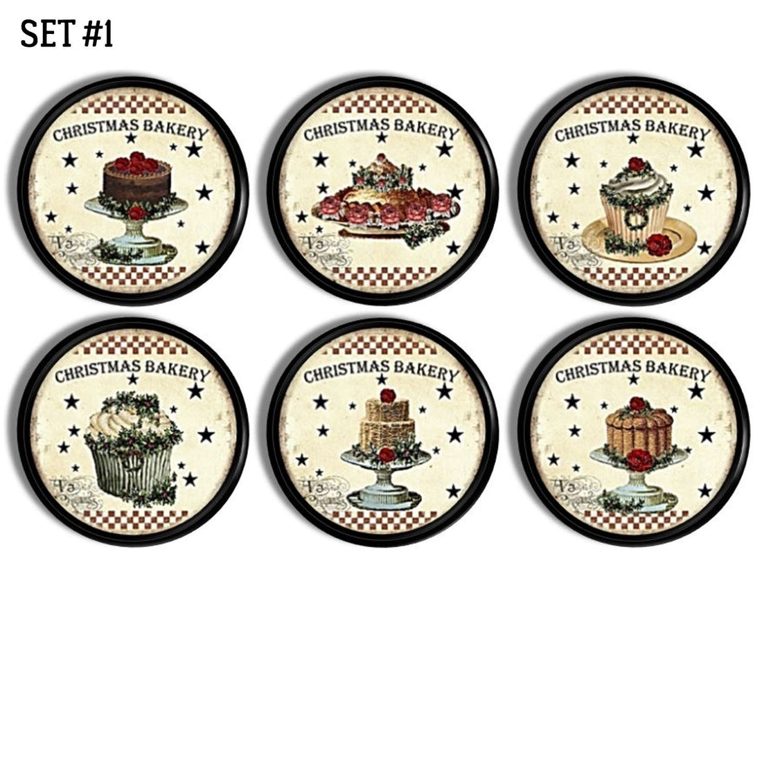 6 Baking themed decorative kitchen cabinet knobs. Christmas holiday cupcakes, cakes and pies in an antique primitive style on a black drawer pull.