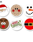 Six‑piece Christmas character cabinet knob set featuring Santa, gingerbread, snowman, reindeer, festive holiday lettering, and Santa suit art for cheerful seasonal décor hardware