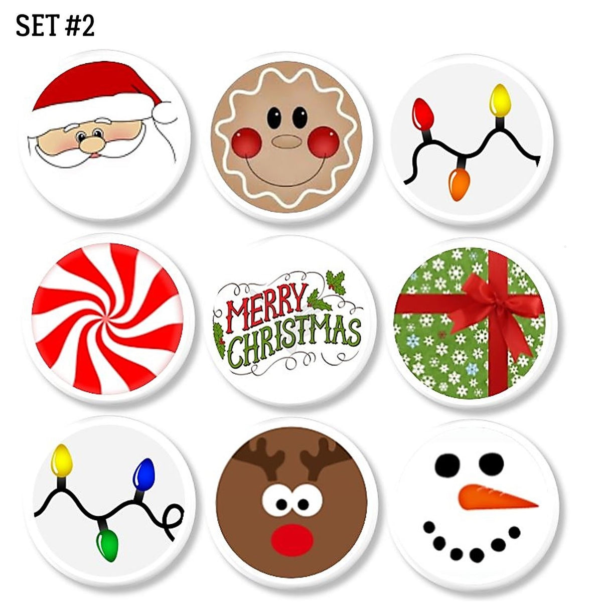 Nine‑piece Christmas character cabinet knob set featuring Santa, gingerbread, snowman, reindeer, peppermint, gift box art, and colorful holiday lights for festive seasonal kid's décor hardware