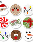 Nine‑piece Christmas character cabinet knob set featuring Santa, gingerbread, snowman, reindeer, peppermint, gift box art, and colorful holiday lights for festive seasonal kid's décor hardware