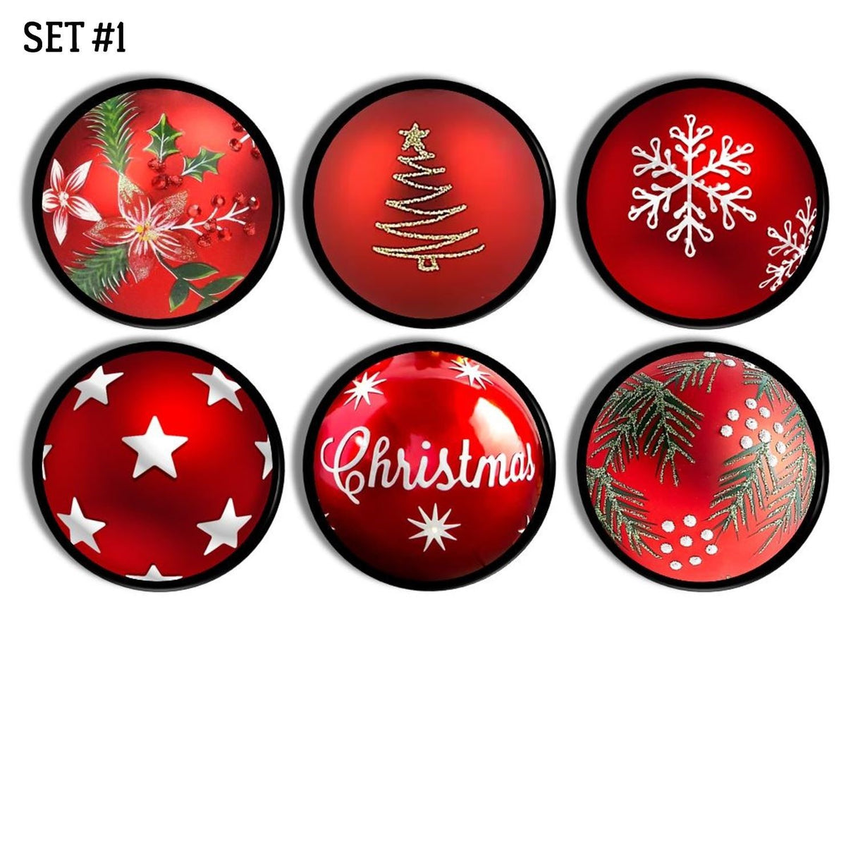 Six‑piece Christmas ornament cabinet knob set in red with mixed holiday designs including poinsettias, snowflakes, stars, pine branches, gold tree art, and “Christmas” script for festive seasonal décor hardware