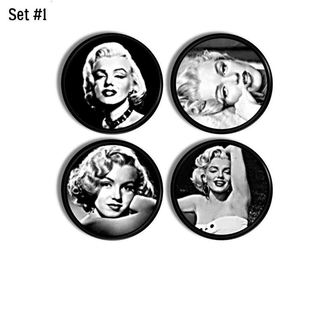 Iconic black white decor Marilyn Monroe image cabinet door knobs. Drawer pull handles for Hollywood chic contemporary furniture.