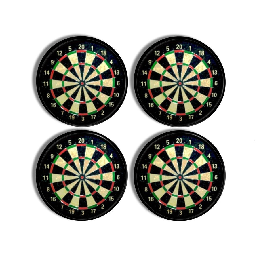 4 Handmade furniture knobs decorated with traditional red, green and black dartboard design.