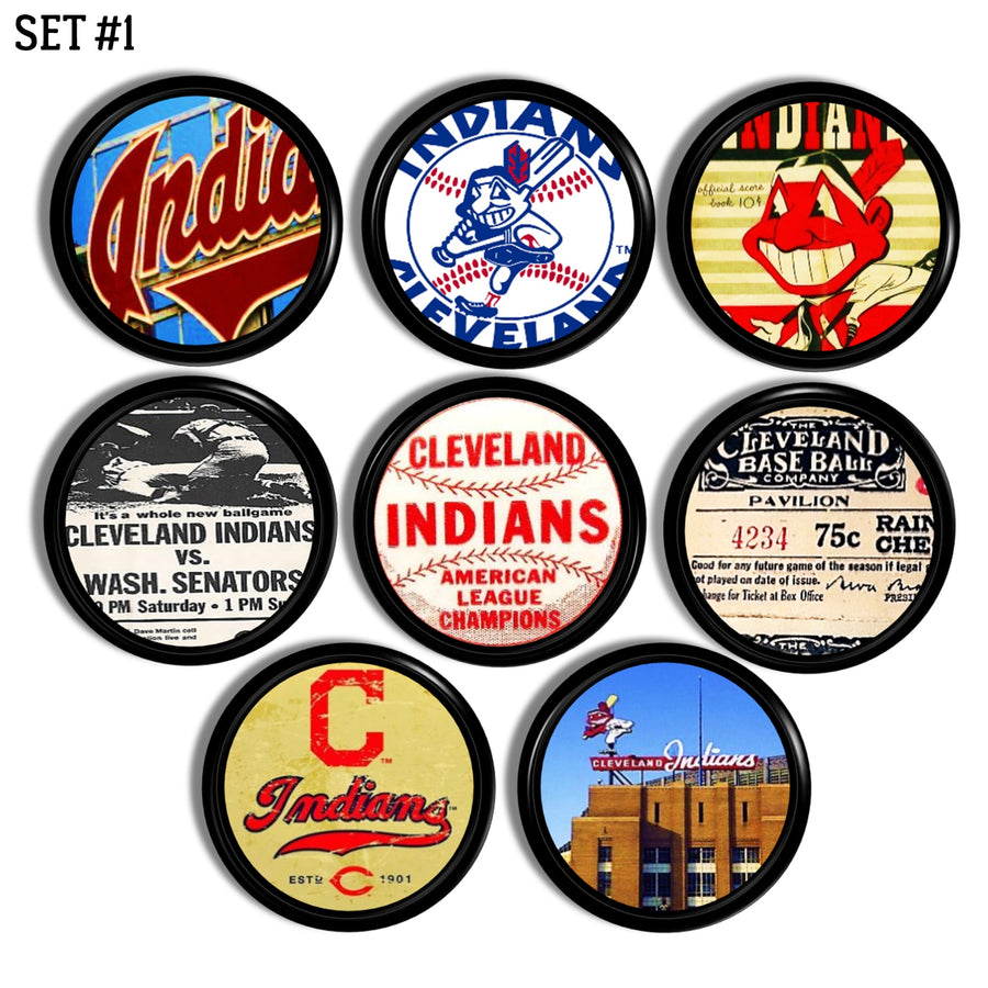 Black cabinet knobs with vintage Cleveland Indians old school Baseball Team memorabilia graphics.