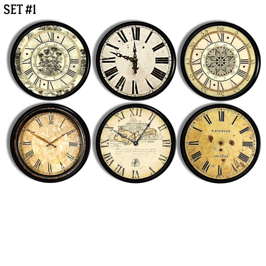 Age worn antique clock themed handmade cabinet knobs for rustic vintage style furniture hardware.