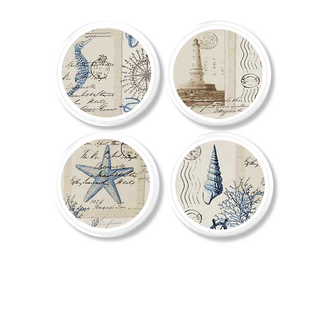 4 handmade coastal style drawer pulls. Beachy post card collage of lighthouse, starfish, seahorse, ship wheel, coral and seashell.