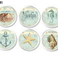 Six unique blue green coastal themed decorative cabinet drawer pulls with clam seashell, conch shell, seahorse, anchor and starfish.