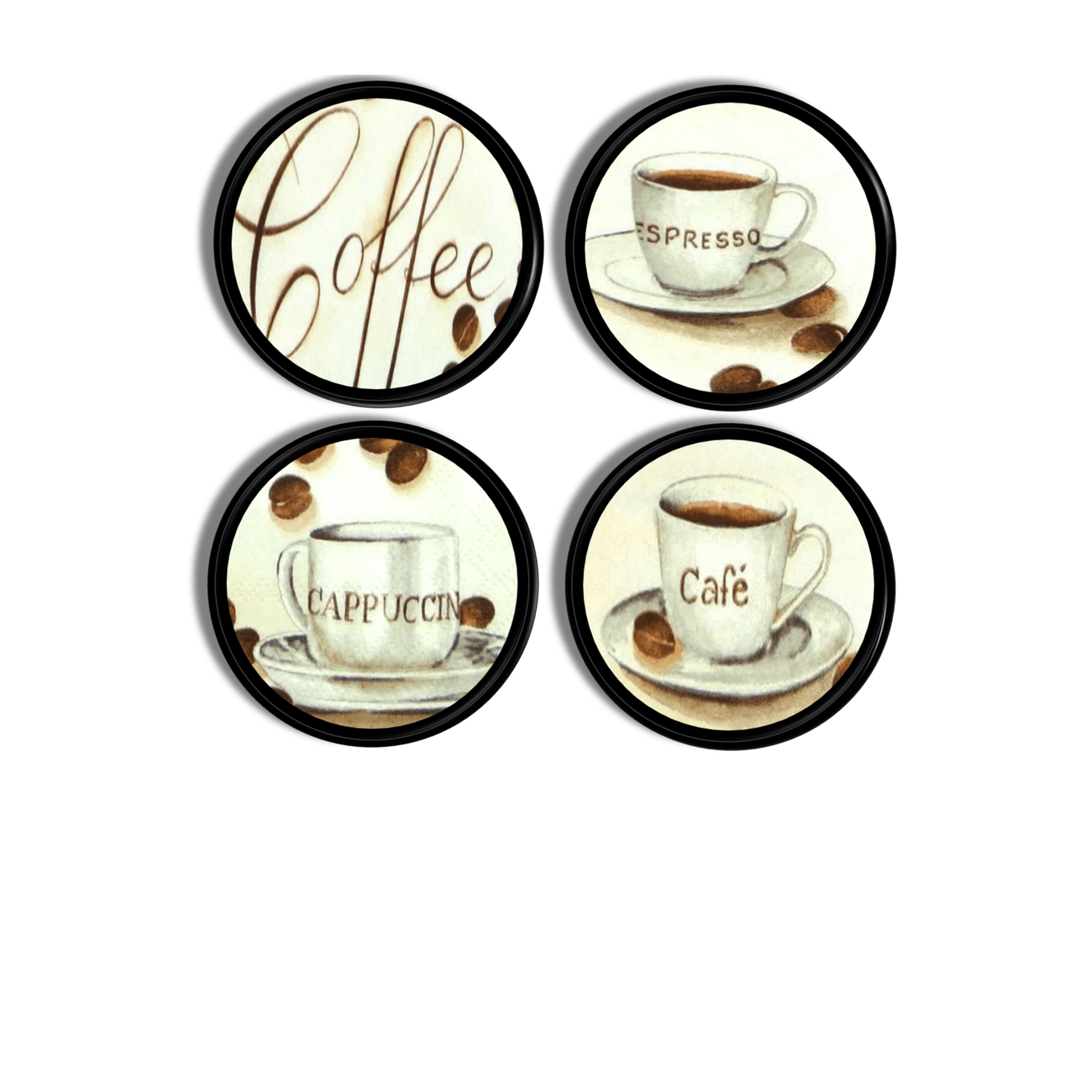 Four coffee‑themed cabinet knobs featuring espresso, cappuccino, café, and coffee cup artwork with roasted bean accents, perfect for bistro kitchens and home coffee bars.