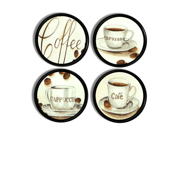 4 Bistro themed cupboard and drawer knobs.Three are decroated with cups with the words Cappuccino, Espresso and Caffe and one knob has the word Coffee.