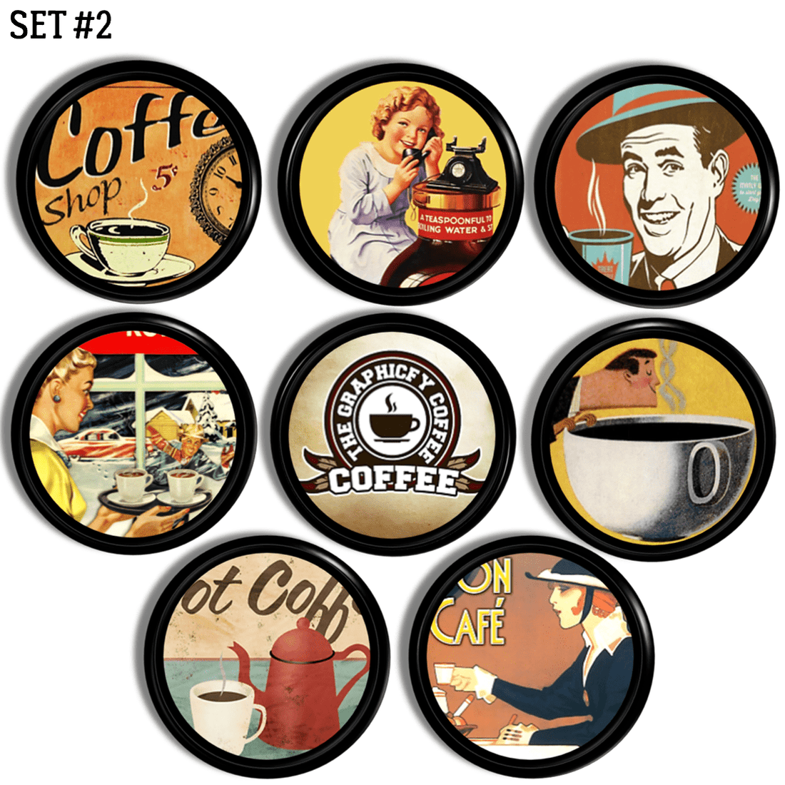Bistro coffee shop cabinet drawer pulls. Barista bar cupboard handles in earthy brown, gold, red and orange colored vintage advertisements.
