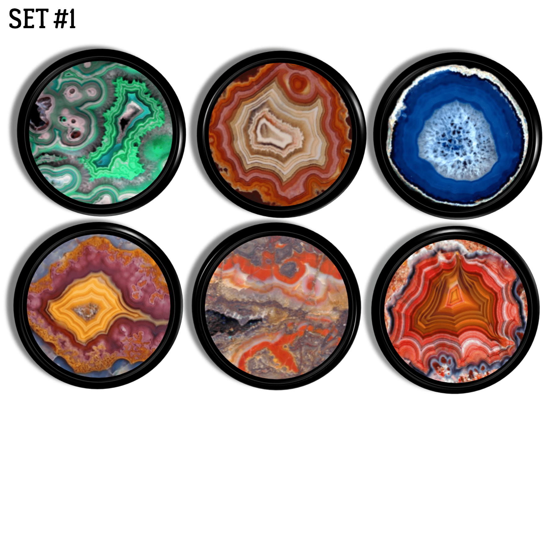 Colorful agate art cabinet knobs and drawer pulls with bold mineral‑inspired patterns in green, brown, blue, yellow, multicolor, and red tones, perfect for boho décor, artistic furniture updates, and vibrant home accents