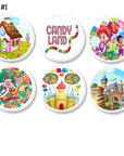 White furniture knobs featuring whimsical Candy Land artwork. Includes candy cottages, ice cream castles, rainbow paths, and beloved game characters. Handcrafted cabinet drawer pulls for kids’ room, playroom, or retro family board game décor.