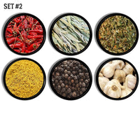 Set of 6 drawer pulls in dried cooking spice theme. Red Chili, yellow curry, black peppercorns, garlic and oregano.