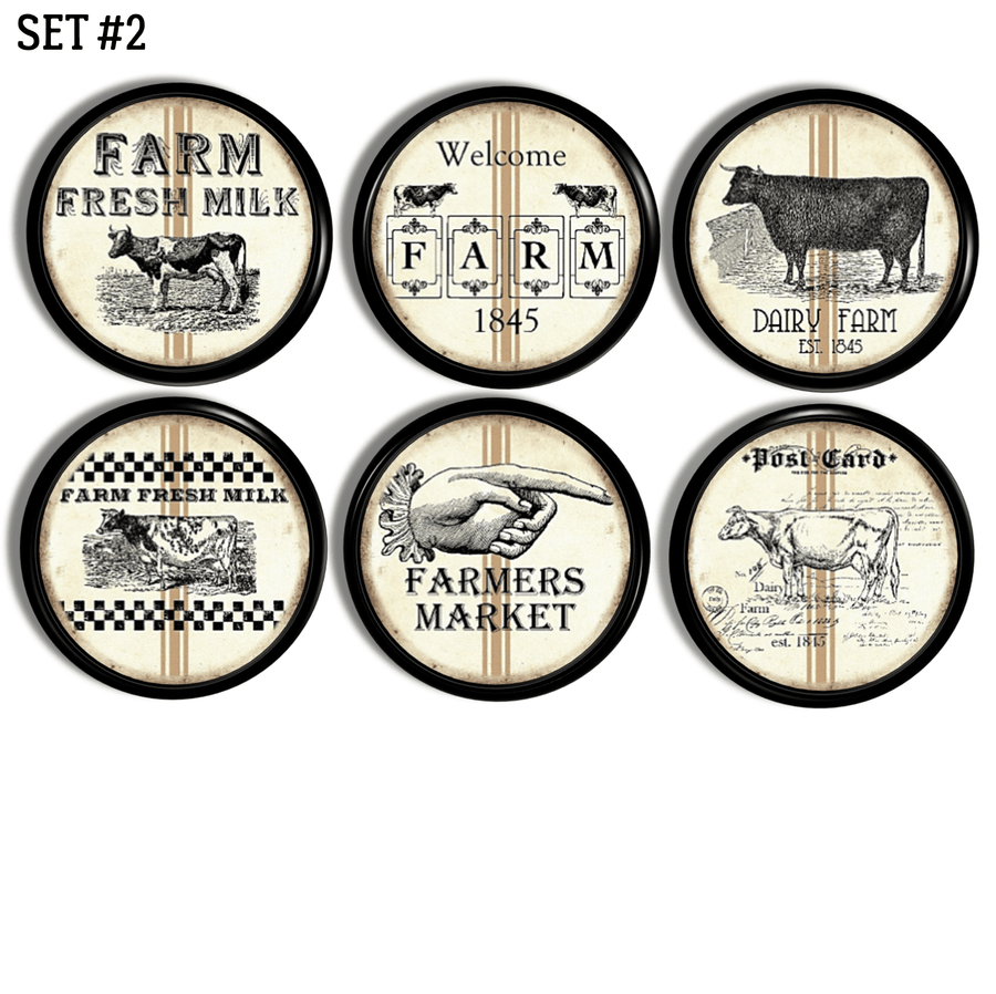 Distressed old flour sack farmhouse style knobs for cupboard handles or drawer hardware featuring dairy cows.