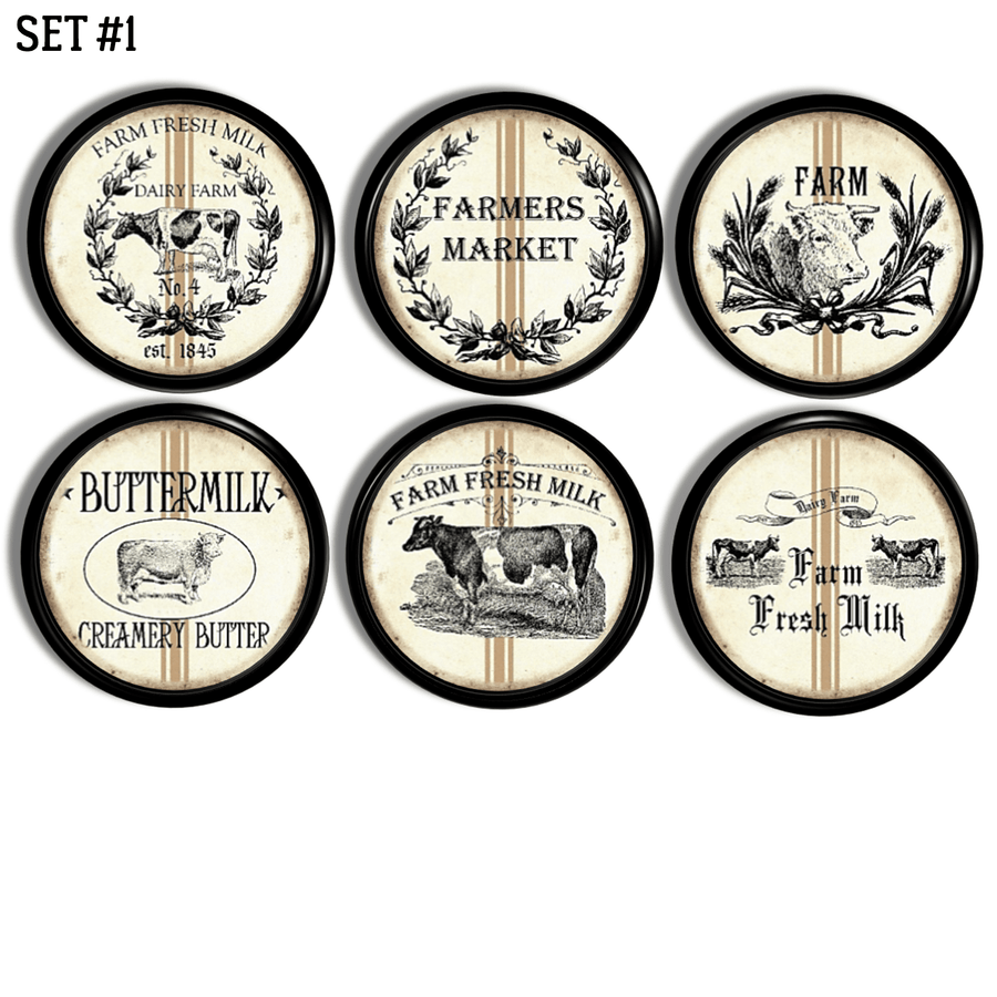 Set of 6 Cow themed kitchen cabinet drawer pulls in rustic beige & black farm fresh flour sack design.