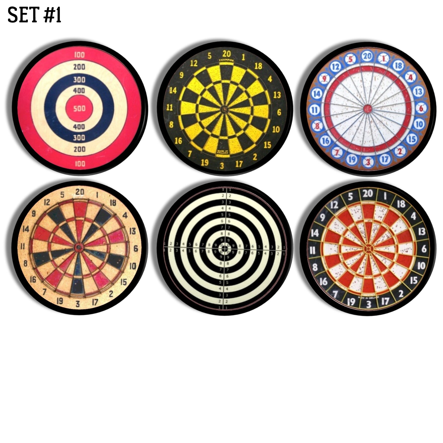 Six handcrafted cabinet drawer pulls featuring assorted dartboard designs on a black knob, including classic pub boards, colorful scoring targets, and retro concentric‑ring styles — perfect for game rooms, man caves, or home bar cabinetry.