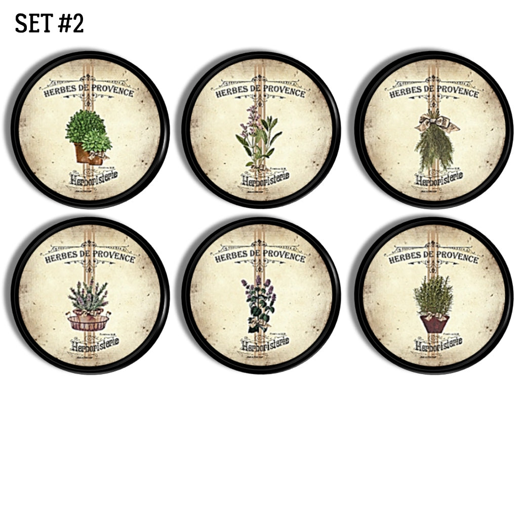 Decorative French herb cabinet knobs with Herbes de Provence theme and vintage apothecary styling. Unique drawer pulls for French country kitchens, herbal pantries, and rustic garden inspired décor