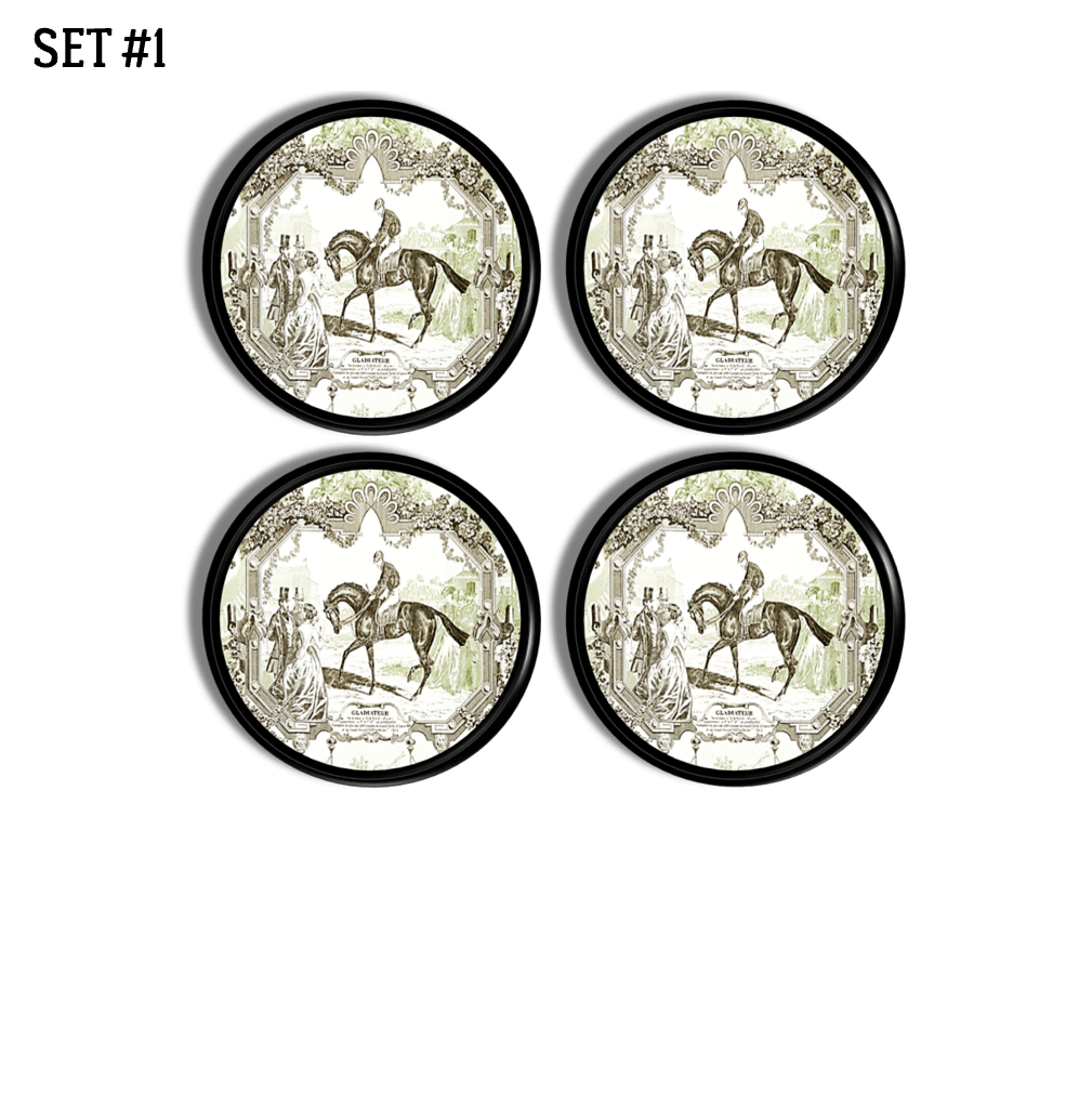 English fox hunt horse and rider themed furniture and cabinet knobs decorated in a Victorian era scenic toile.